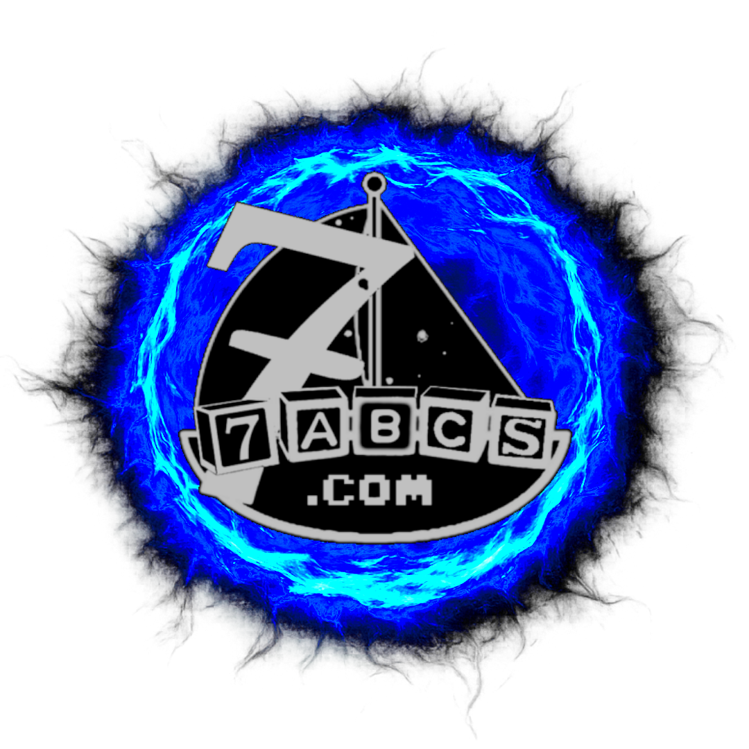 7ABCs insignia — a metallic sailboat with children's play blocks (A, B, C) at the base, surrounded by a blue energy ring representing the Pleiades star cluster. The mast and rigging form the number 7.